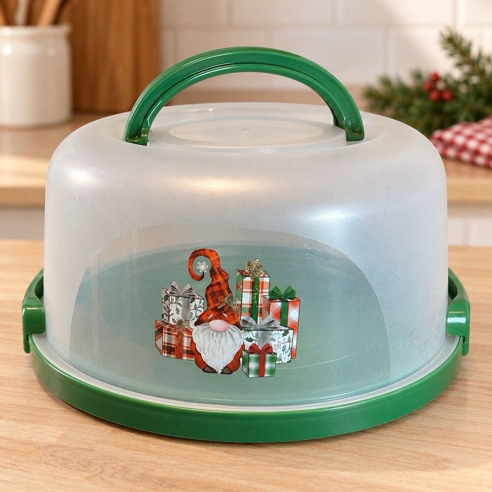 Round Plastic Cake Container Carrier w/ Handle & Lid, Green/Clear 9” Christmas